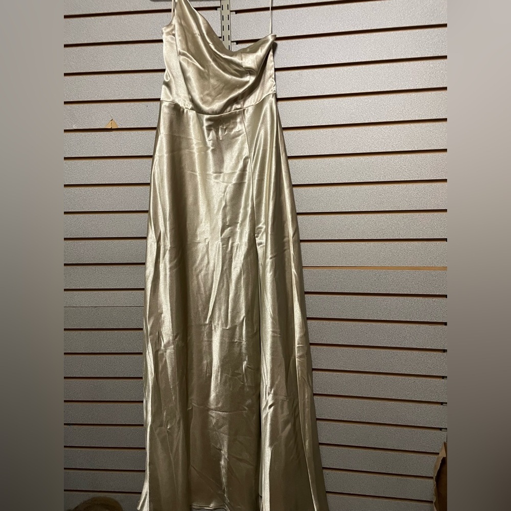 Birdie Gray Prom Dress Formal Wedding Gold Elegant Size Medium 34 Bust Slit